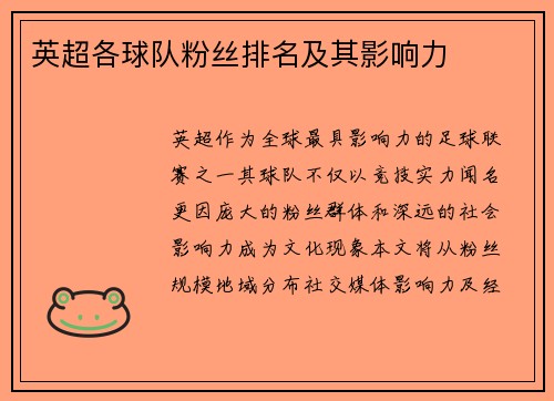 英超各球队粉丝排名及其影响力